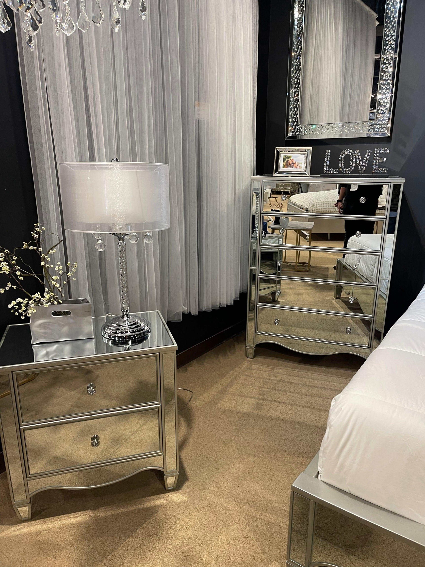 Eliora Silver & Mirrored Nightstand w/ USB Plug - Ornate Home