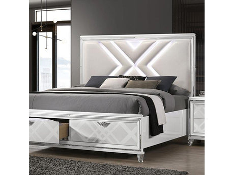 Emmeline White California King Bed w/ HB LED Lights & FB Drawers - Ornate Home