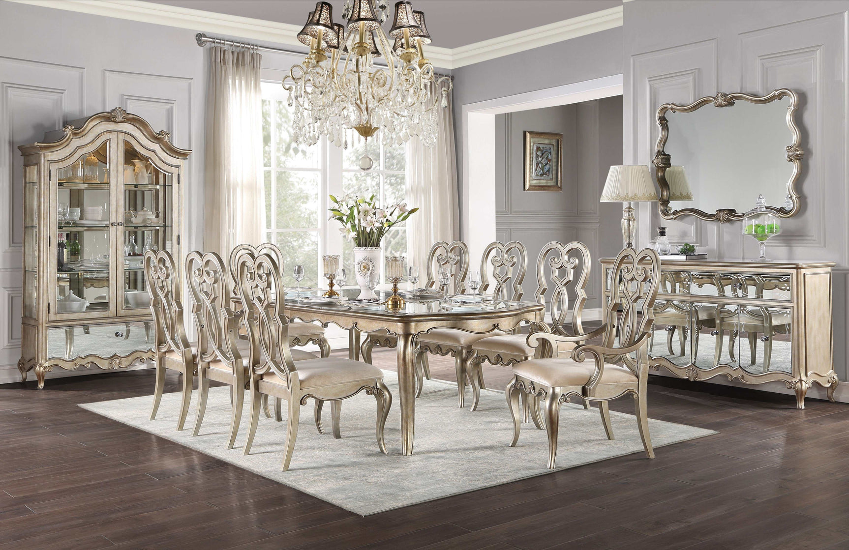 Esteban Mirrored & Antique Champagne Dining Table w/ Extension Leaf - Ornate Home