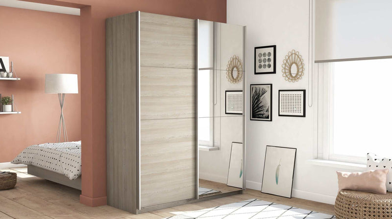 Delrissa Matte Oak & Mirrored Wardrobe w/ Sliding Doors - Ornate Home