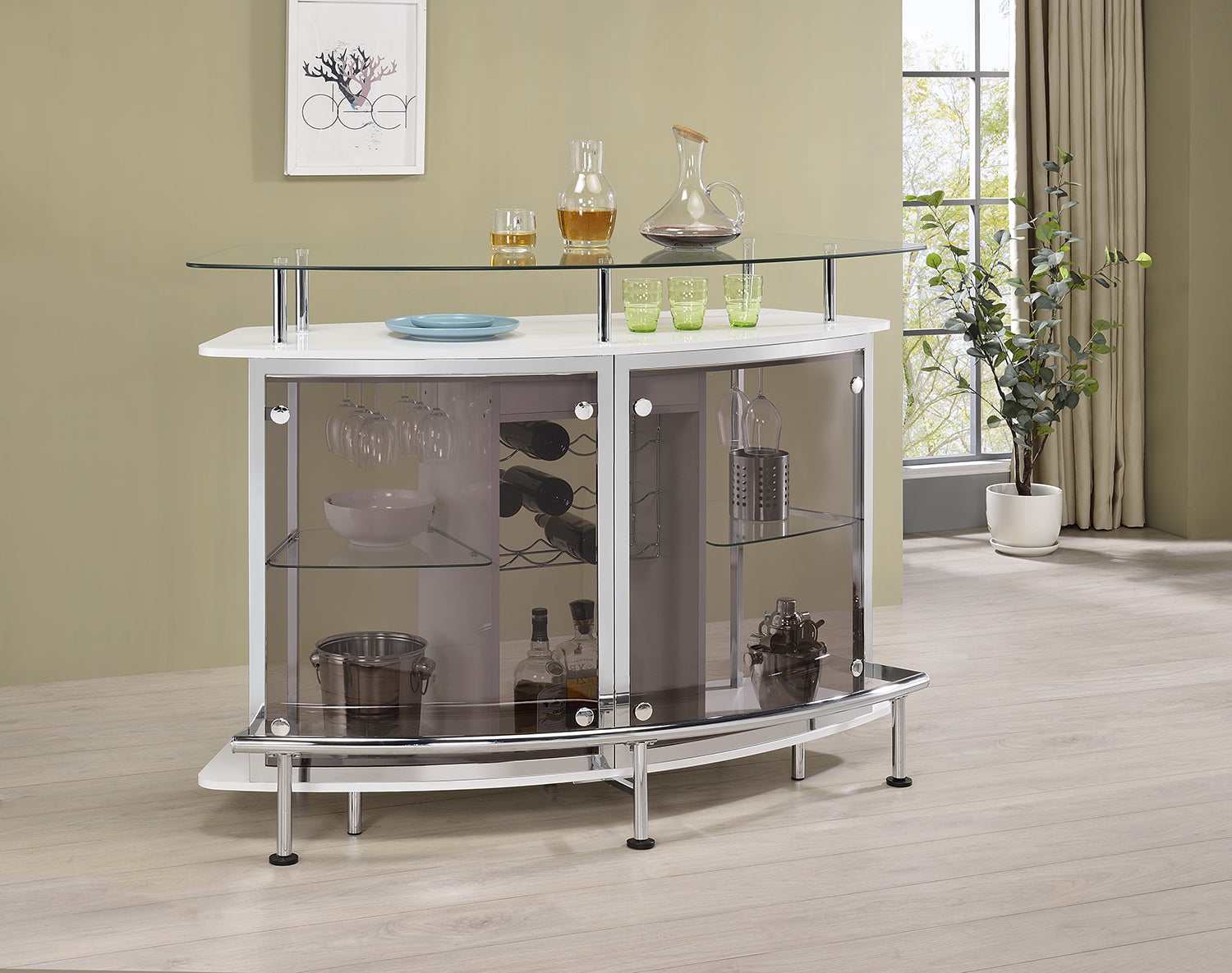 Gideon White High Gloss / Chrome Home Bar - Ornate Home