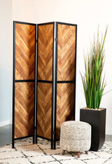 Herringbone Rustic Tobacco & Black 3pc Panel Screen - Ornate Home