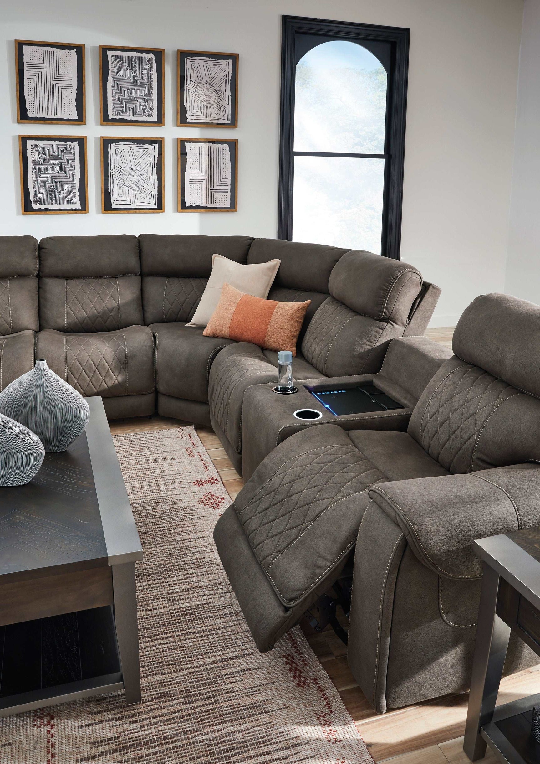 Hoopster Gunmetal 6pc Power Reclining Sectional w/ Touchscreen Console - Ornate Home