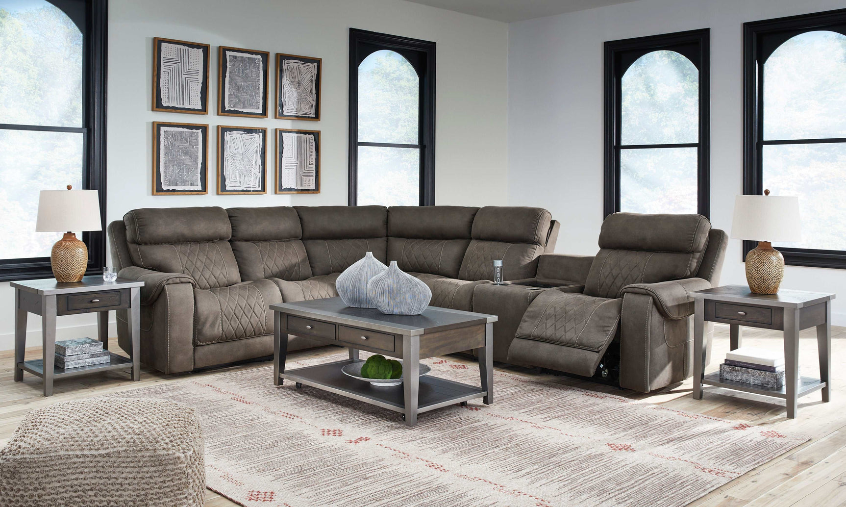 Hoopster Gunmetal 6pc Power Reclining Sectional w/ Touchscreen Console - Ornate Home