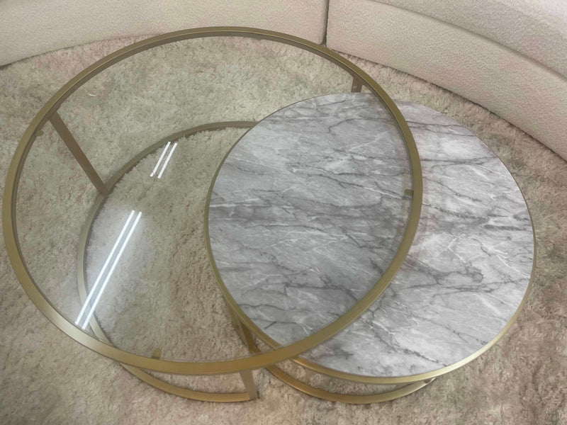 Shanish Nesting Table Set (2Pc) Faux Marble/Glass & Gold