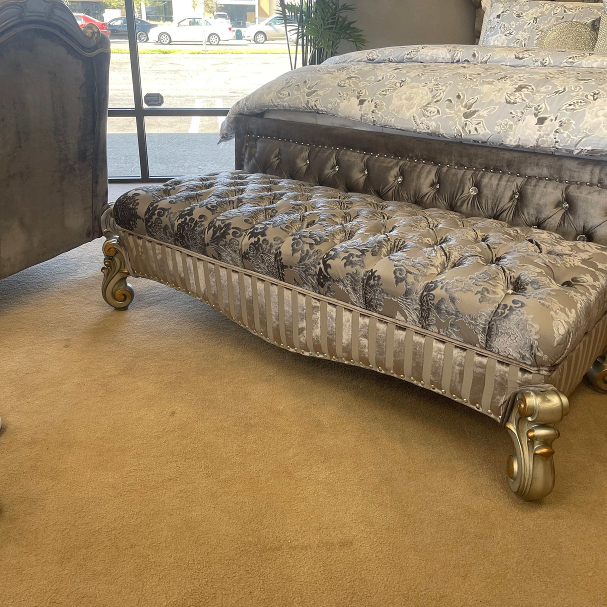 Versailles Fabric & Antique Platinum Bench - Ornate Home