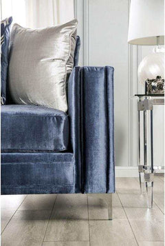 Jodie Satin Blue & Silver Stationary Sofa & Loveseat 2pc - Ornate Home