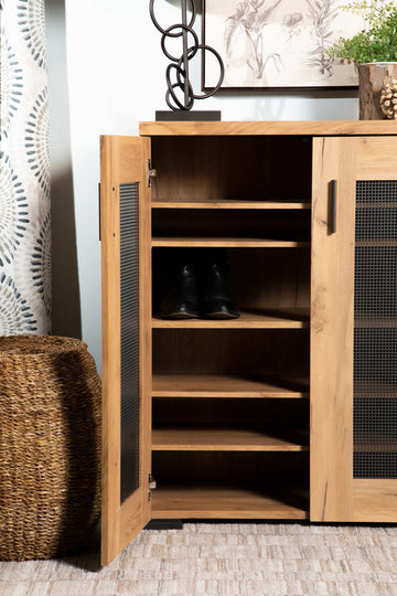Karol Golden Oak Metal Mesh Door Shoe Cabinet - Ornate Home