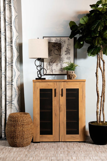 Karol Golden Oak Metal Mesh Door Shoe Cabinet - Ornate Home