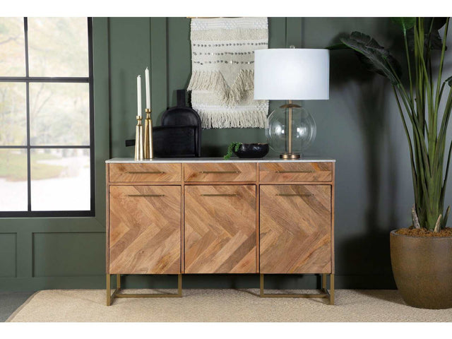 Keaton Natural & Antique Gold 3 Door Accent Cabinet w/ Marble Top - Ornate Home