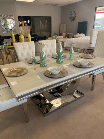 Kerwin White Marble & Mirrored Chrome Dining Table - Ornate Home