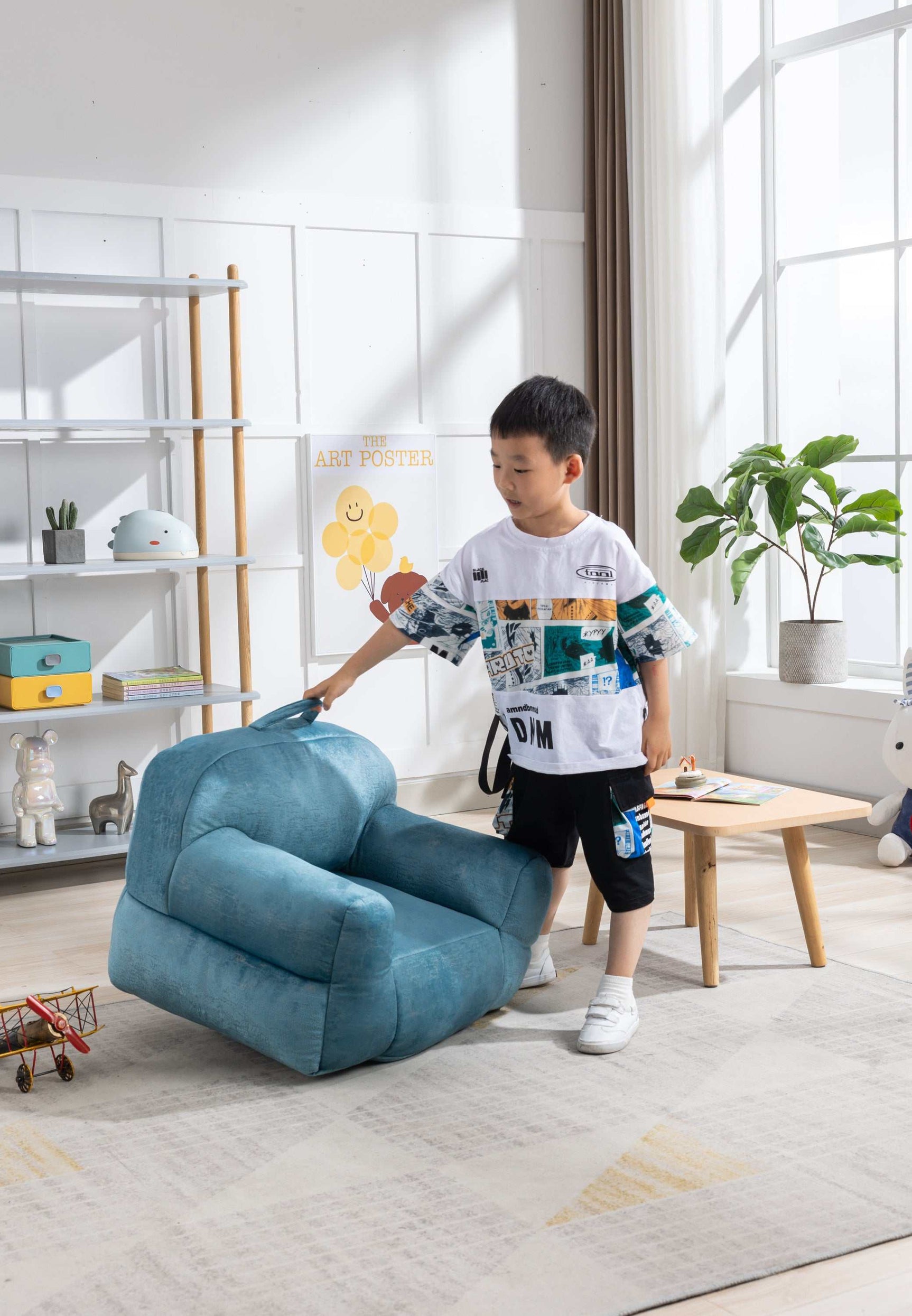 King Kid's Blue Velvet Bean Bag Chair - Ornate Home