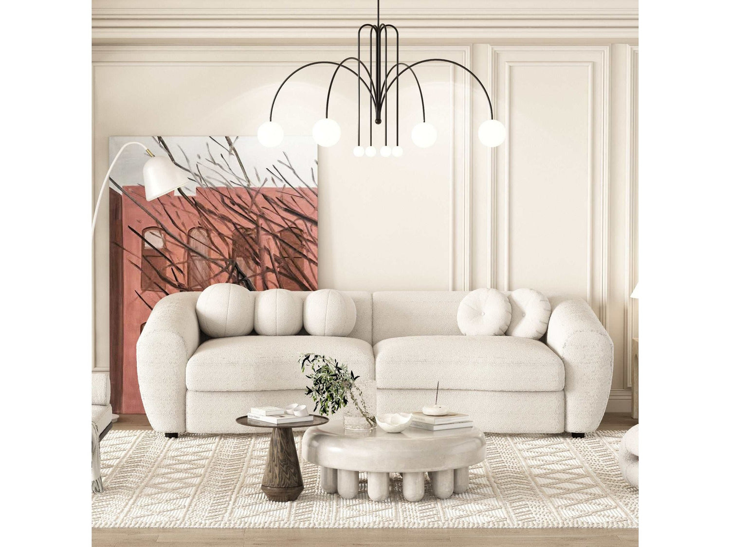 Klamath Modern Curved Sofa w/5 Decorative Throw Pillows Beige - Ornate Home