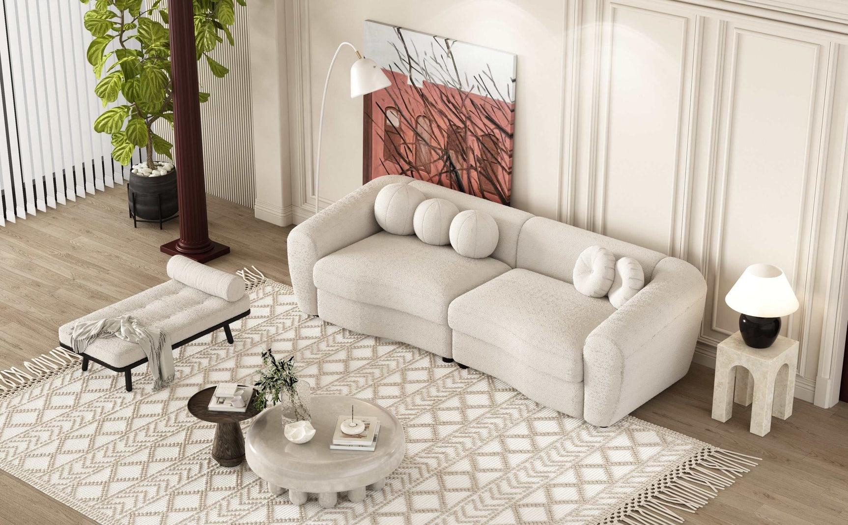 Klamath Modern Curved Sofa w/5 Decorative Throw Pillows Beige - Ornate Home