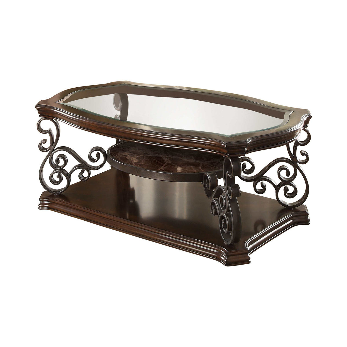 Laney Dark Merlot 1-shelf Glass Top Rectangular Coffee Table - Ornate Home