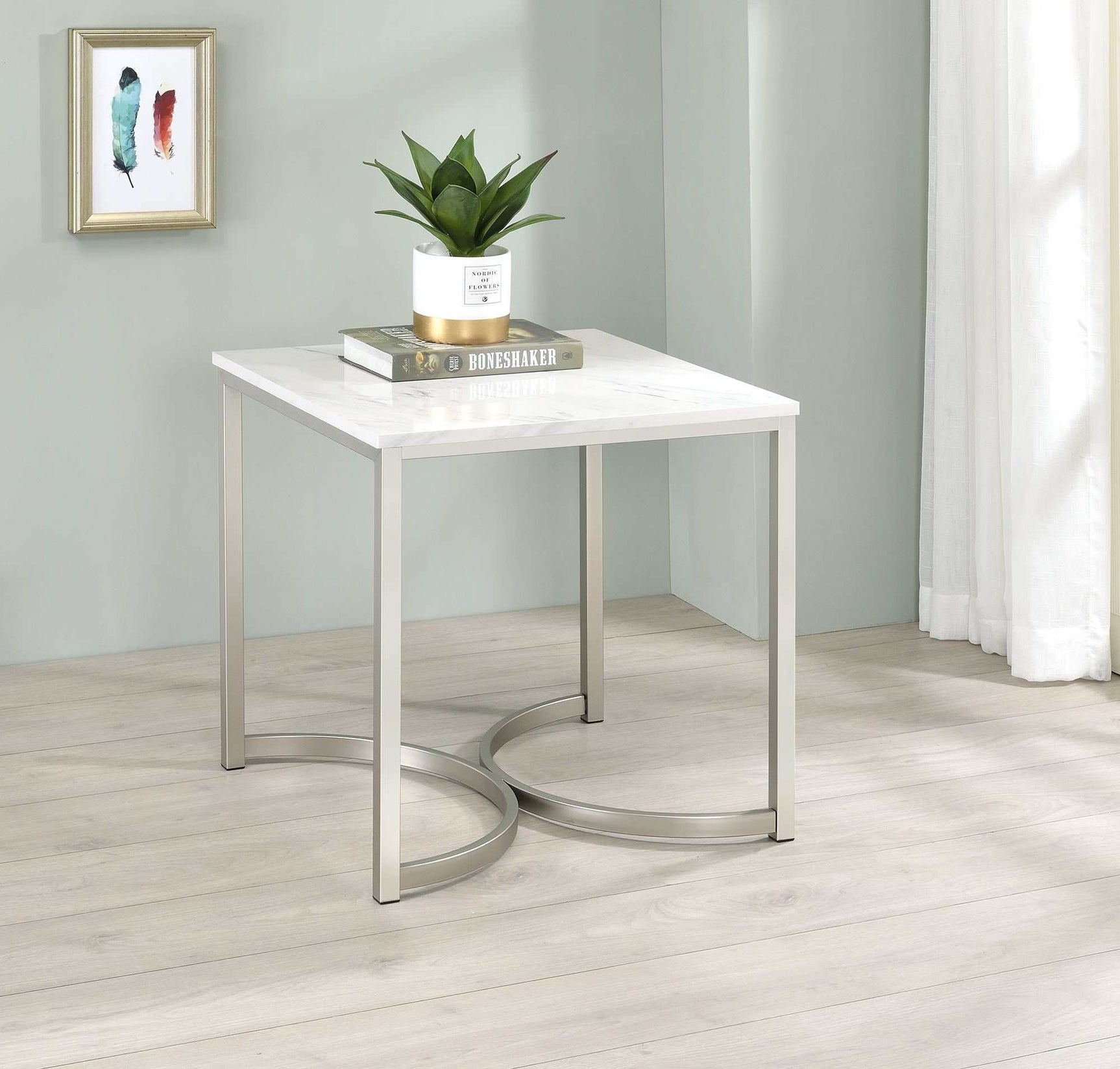 Leona Faux White Marble / Satin Nickel End Table - Ornate Home