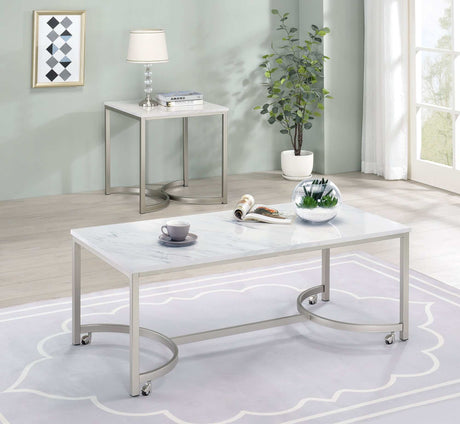 Leona Faux White Marble / Satin Nickel End Table - Ornate Home