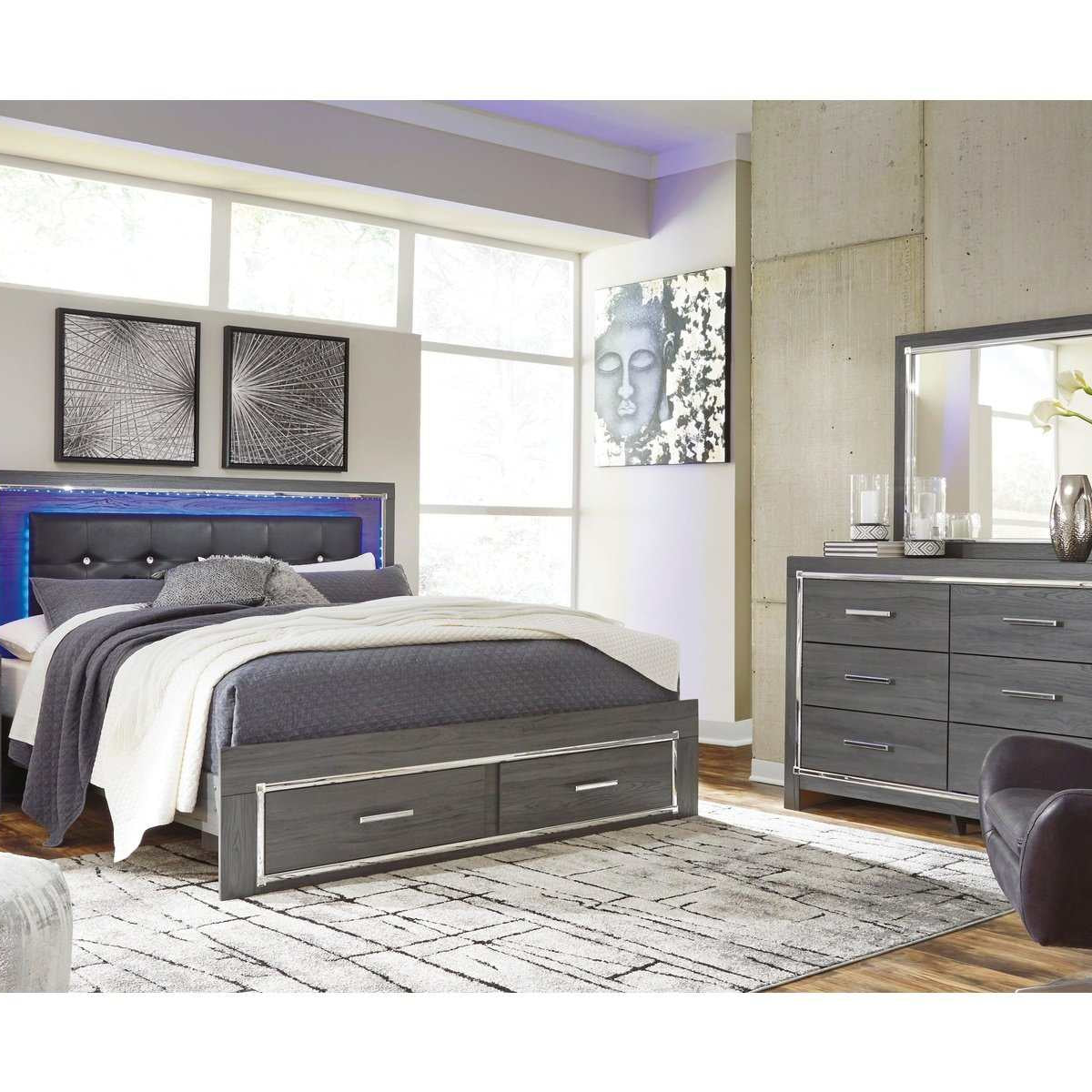 Ashley Furniture Lodanna Gray King Panel Bed w/ LED & Storage FB ...