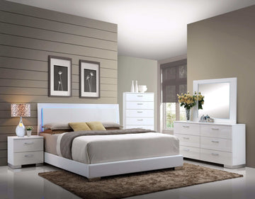Lorimar White Faux Leather Eastern King Panel Bed w/ HB LED Light - Ornate Home