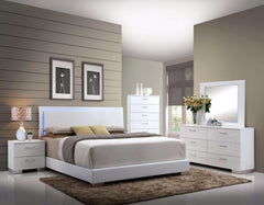 Lorimar White Faux Leather Queen Panel Bed w/ HB LED Light - Ornate Home