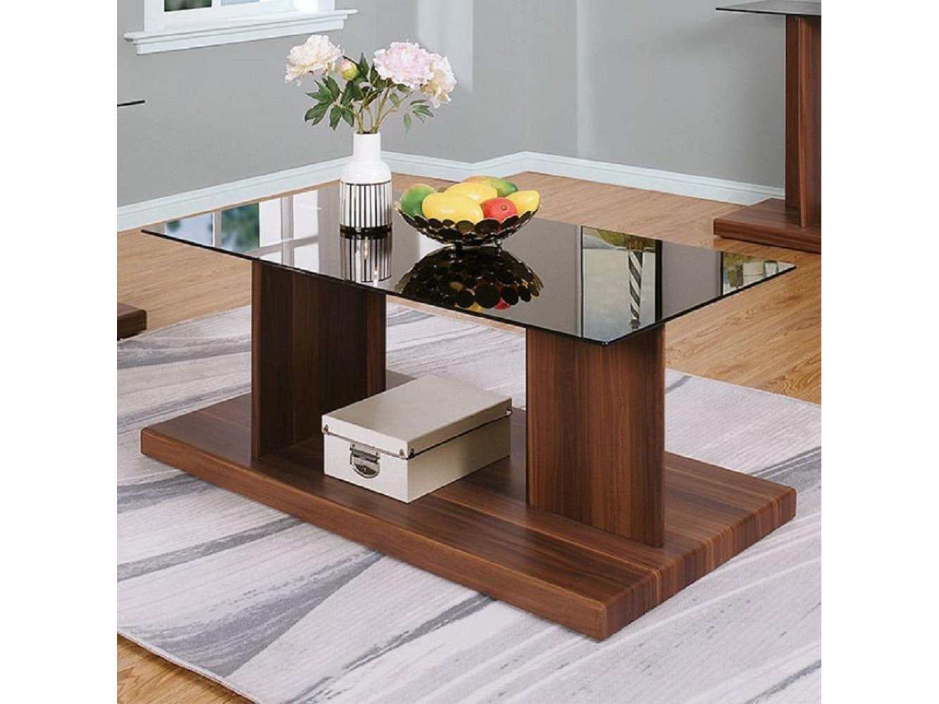 Mannedorf Dark Walnut & Black Glass Top Coffee Table - Ornate Home