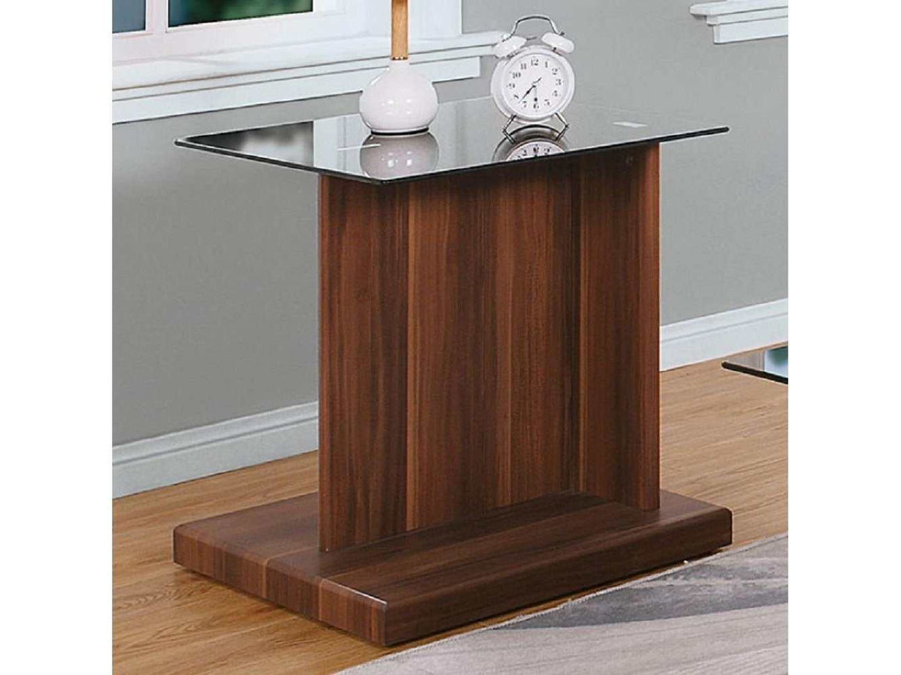 Mannedorf Dark Walnut & Black Glass Top End Table - Ornate Home