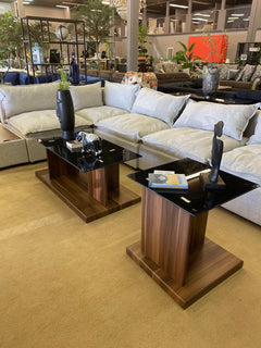 Mannedorf Dark Walnut & Black Glass Top End Table - Ornate Home