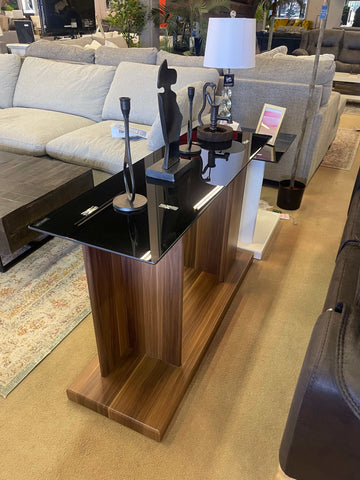 Mannedorf Dark Walnut & Black Glass Top Sofa Table - Ornate Home