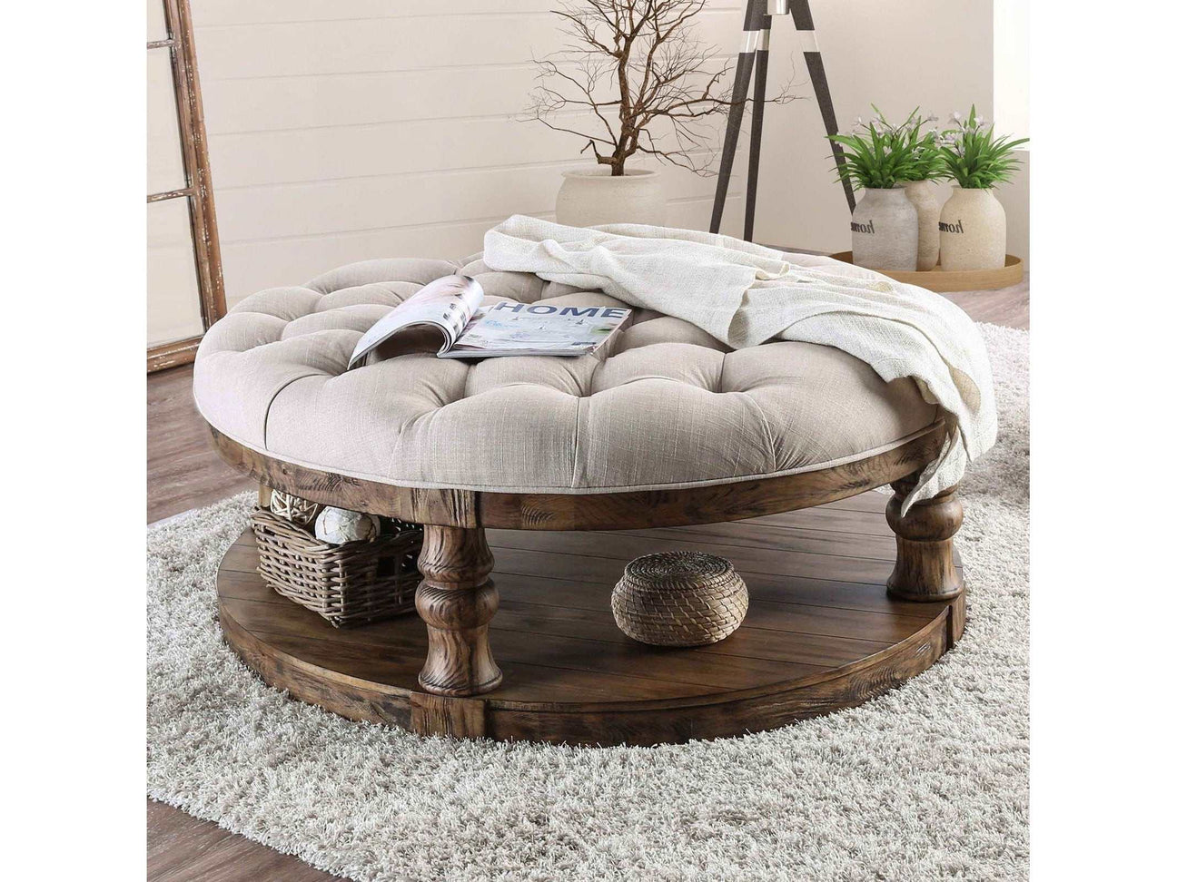 Mika Antique Oak Coffee Table w/ Cushion Top - Ornate Home