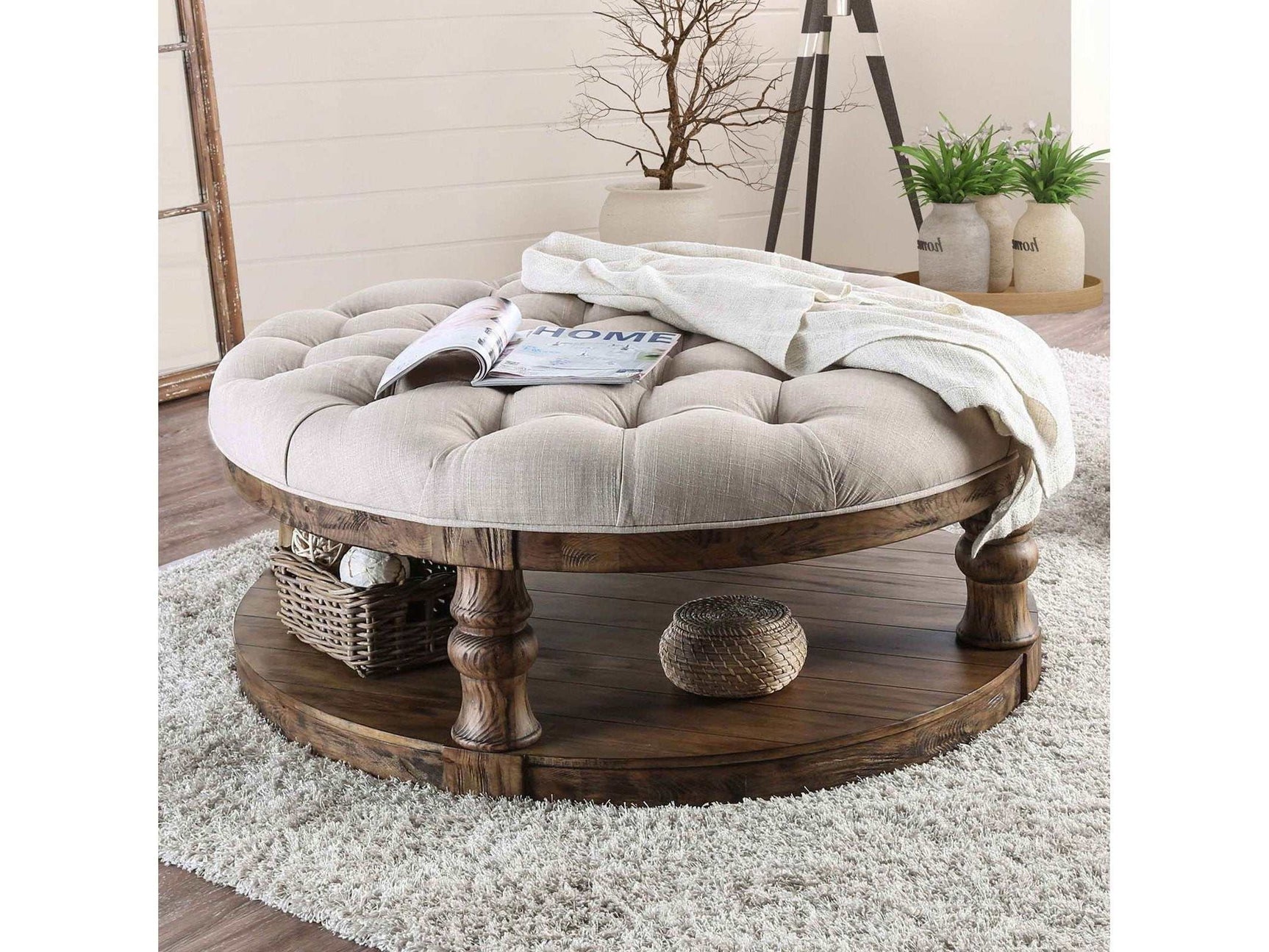 Mika Antique Oak Coffee Table w/ Cushion Top - Ornate Home