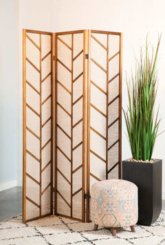 Mila Walnut & Linen 3pc Foldable Panel Screen - Ornate Home