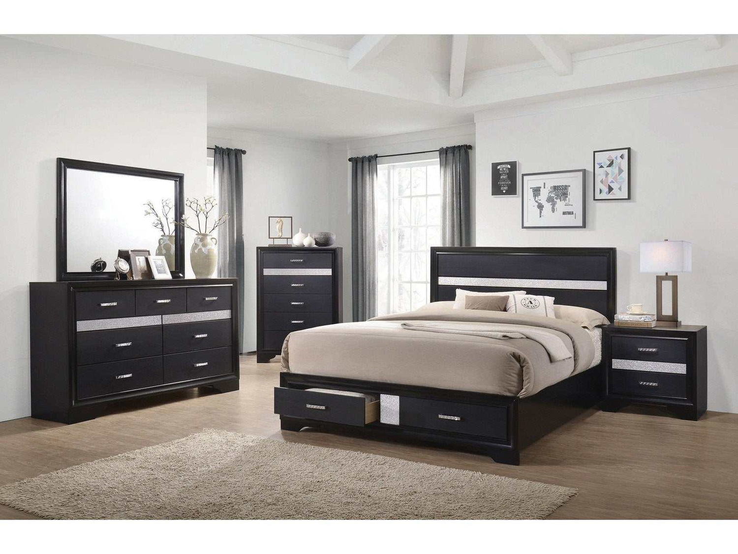 Miranda Black 5pc California King Platform Bedroom Set w/ Storage - Ornate Home
