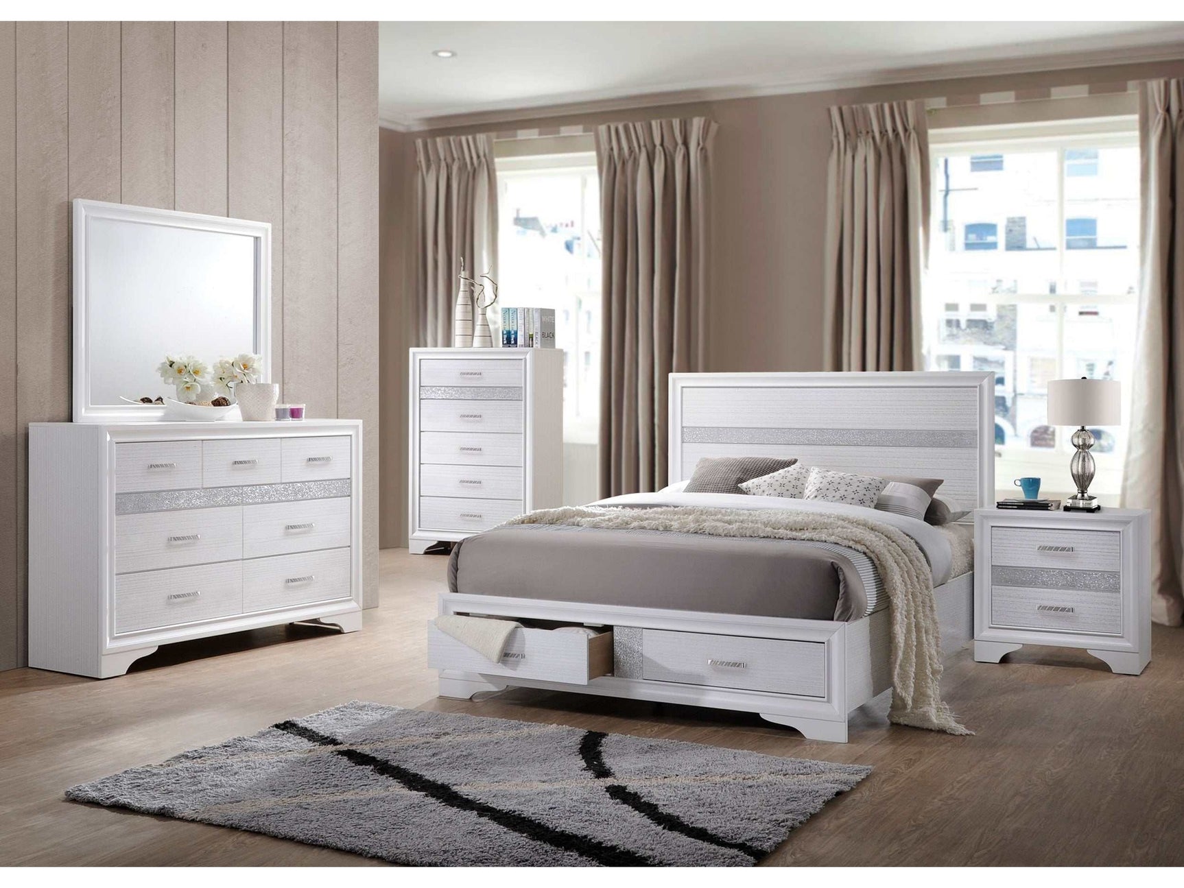 Miranda White Queen Bed 5 Pc Set - Ornate Home