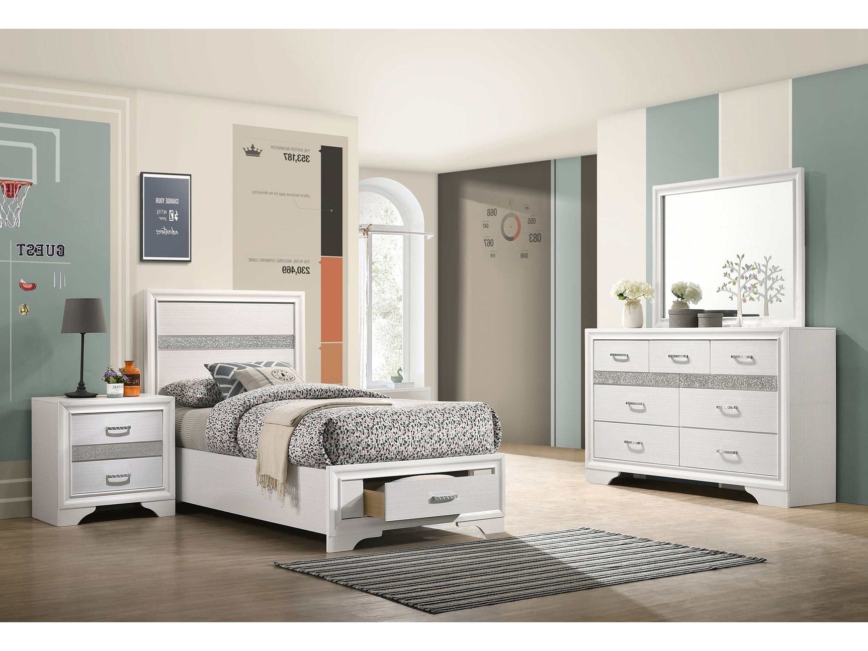 Miranda White Twin Bed 4 Pc Set - Ornate Home