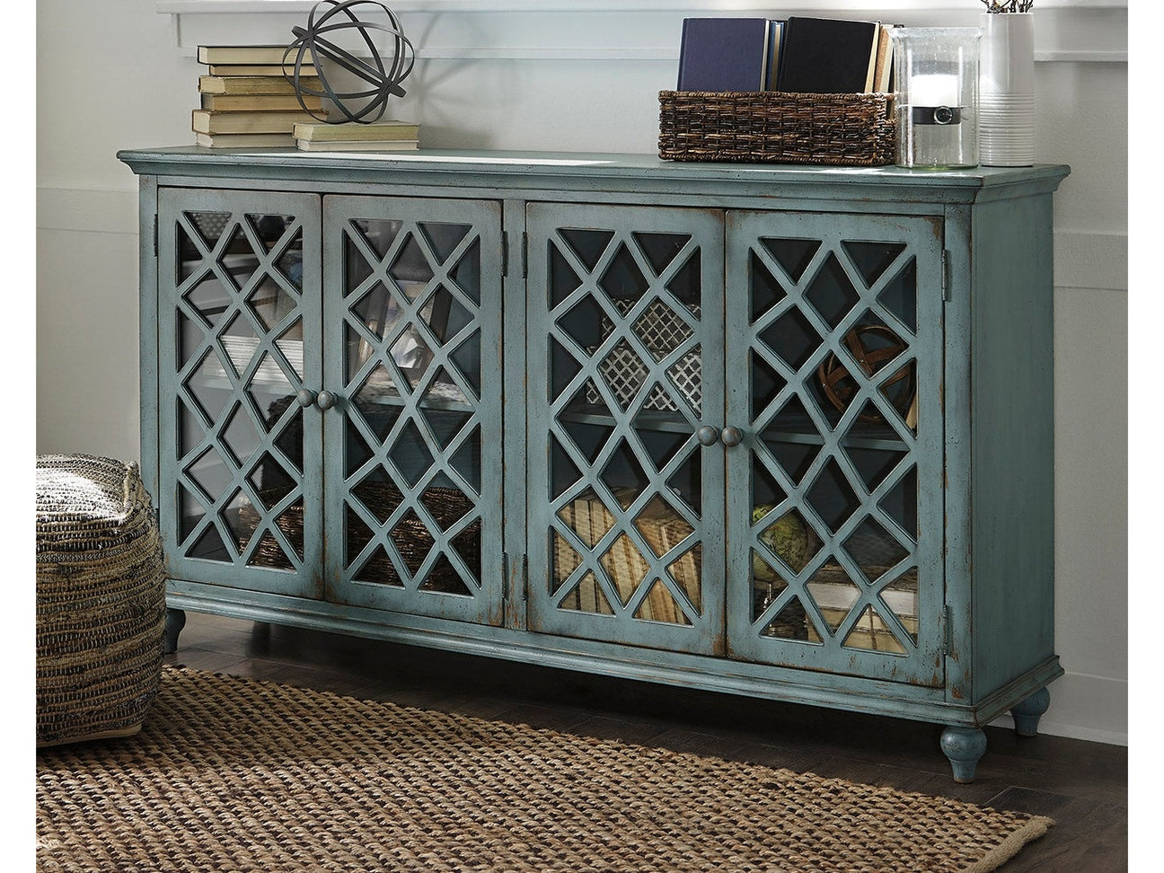 Mirimyn Antique Teal Accent Cabinet w/ 4 Door - Ornate Home