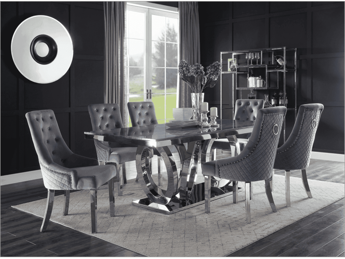 Nasir Gray Faux Marble & Mirrored Silver 7pc Dining Room Set - Ornate Home