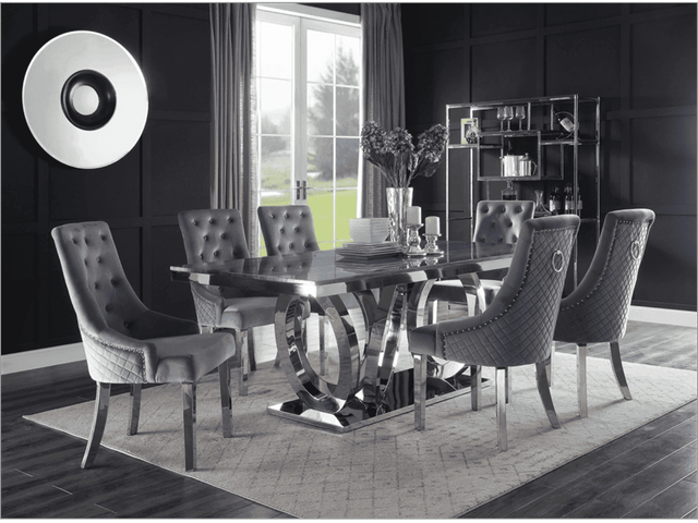 Nasir Gray Faux Marble & Mirrored Silver 7pc Dining Room Set - Ornate Home