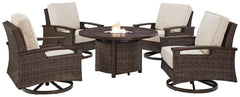 Paradise Trail Medium Brown Outdoor Fire Pit Table & Chair Set / 5pc - Ornate Home