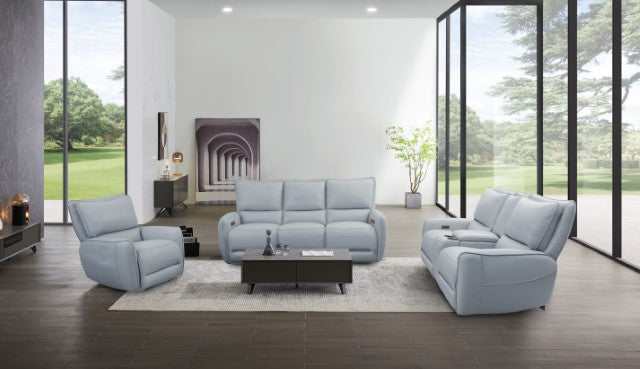 Phineas Pale Blue Top Grain Leather Match Power Reclining Sofa - Ornate Home