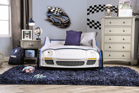 Poe Blue & White Twin Car Bed - Ornate Home