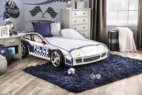 Poe Blue & White Twin Car Bed - Ornate Home