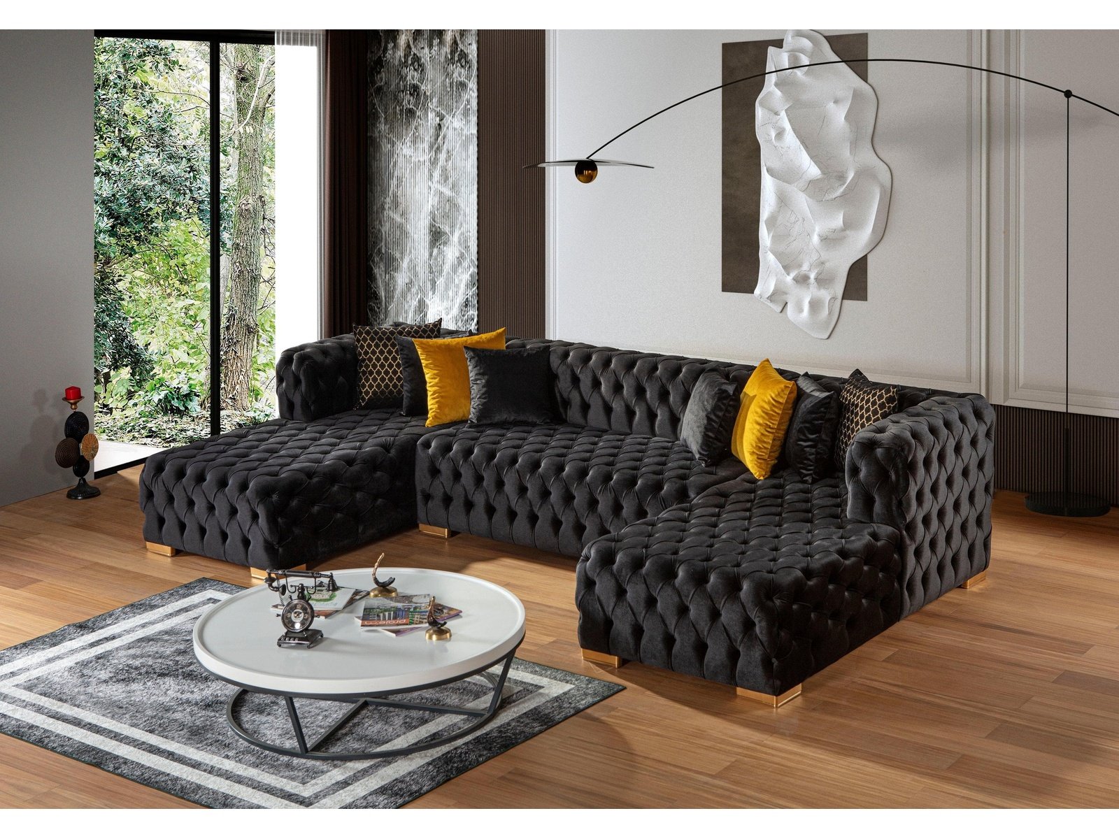Polo Black Velvet Double Chaise "U" Shape Sectional Sofa - Ornate Home