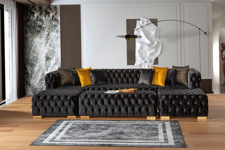 Polo Black Velvet Double Chaise "U" Shape Sectional Sofa - Ornate Home