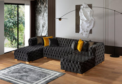 Polo Black Velvet Double Chaise "U" Shape Sectional Sofa - Ornate Home