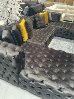 Polo Black Velvet Double Chaise "U" Shape Sectional Sofa - Ornate Home