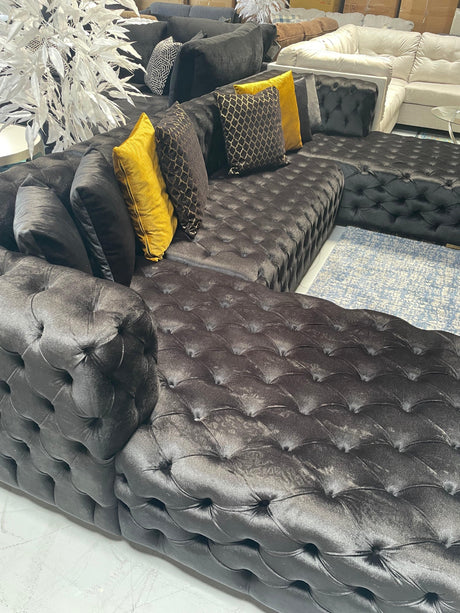 Polo Black Velvet Double Chaise "U" Shape Sectional Sofa - Ornate Home