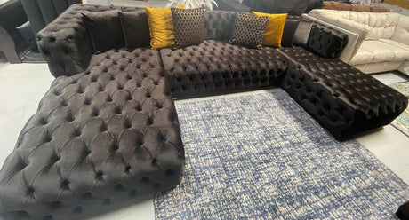 Polo Black Velvet Double Chaise "U" Shape Sectional Sofa - Ornate Home