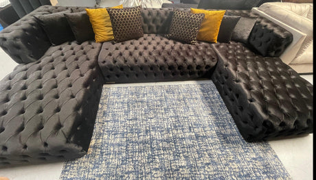 Polo Black Velvet Double Chaise "U" Shape Sectional Sofa - Ornate Home
