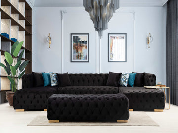 Polo Black Velvet Double Chaise "U" Shape Sectional Sofa - Ornate Home