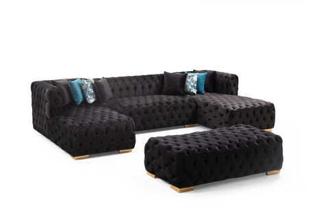 Polo Black Velvet Double Chaise "U" Shape Sectional Sofa - Ornate Home